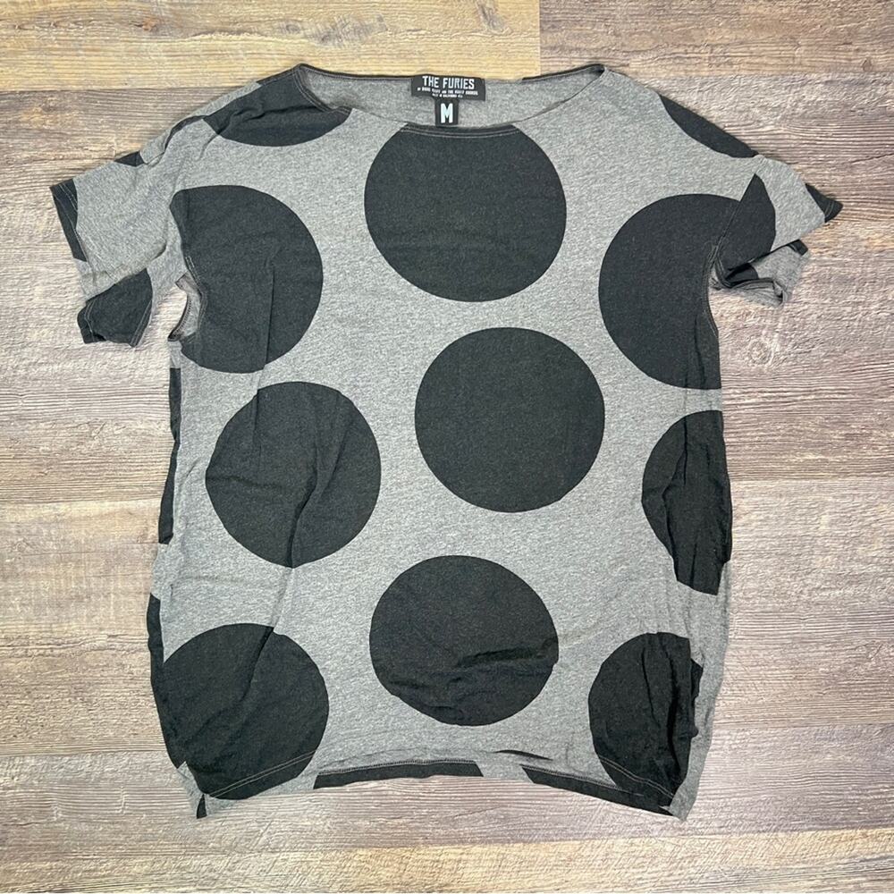 The Furies gray and black polkadot top shirt with open pits size medium M B174